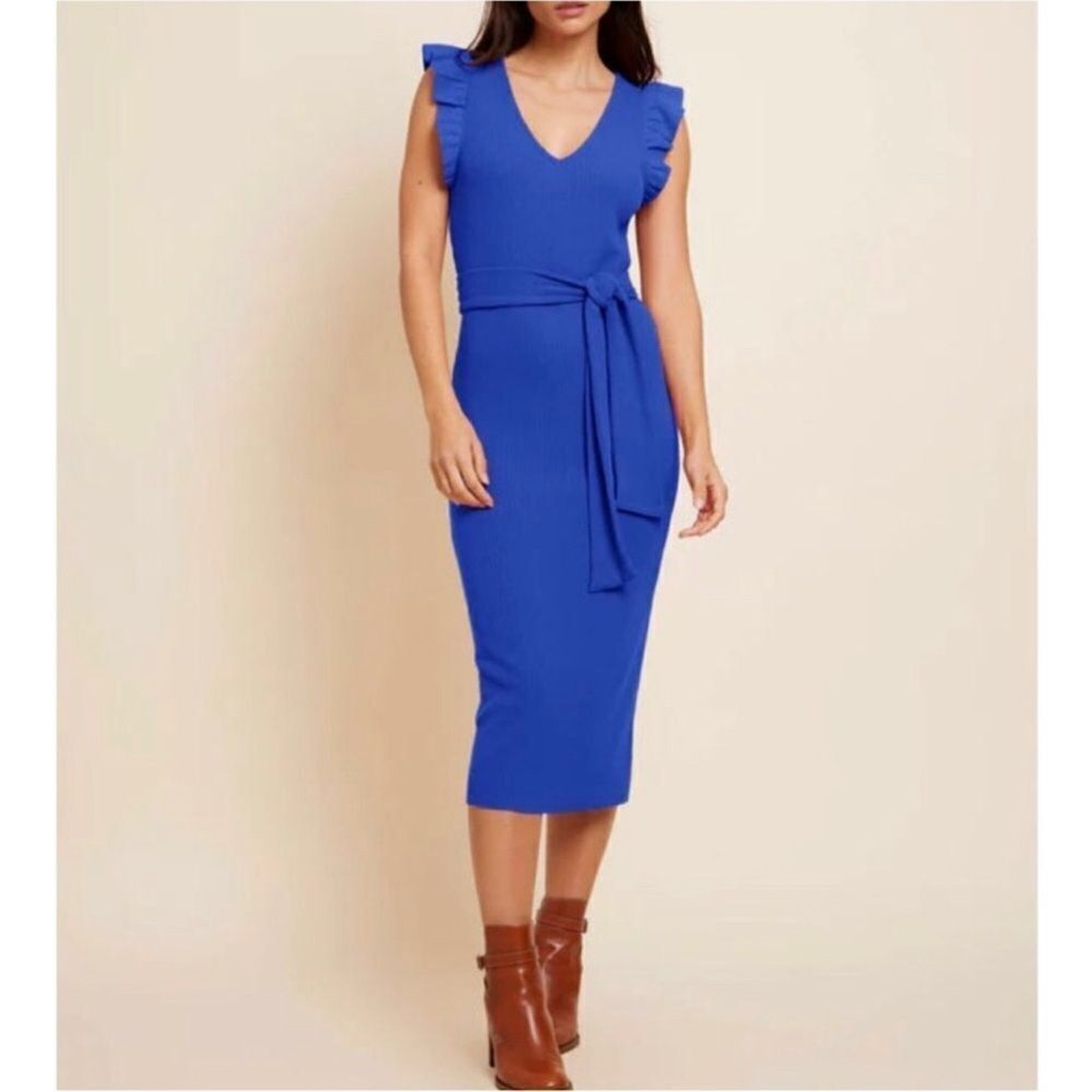 Nation LTD Oriana Ruffled Sash Dress Ribbed Midi Dress Royal Blue Suede NWT